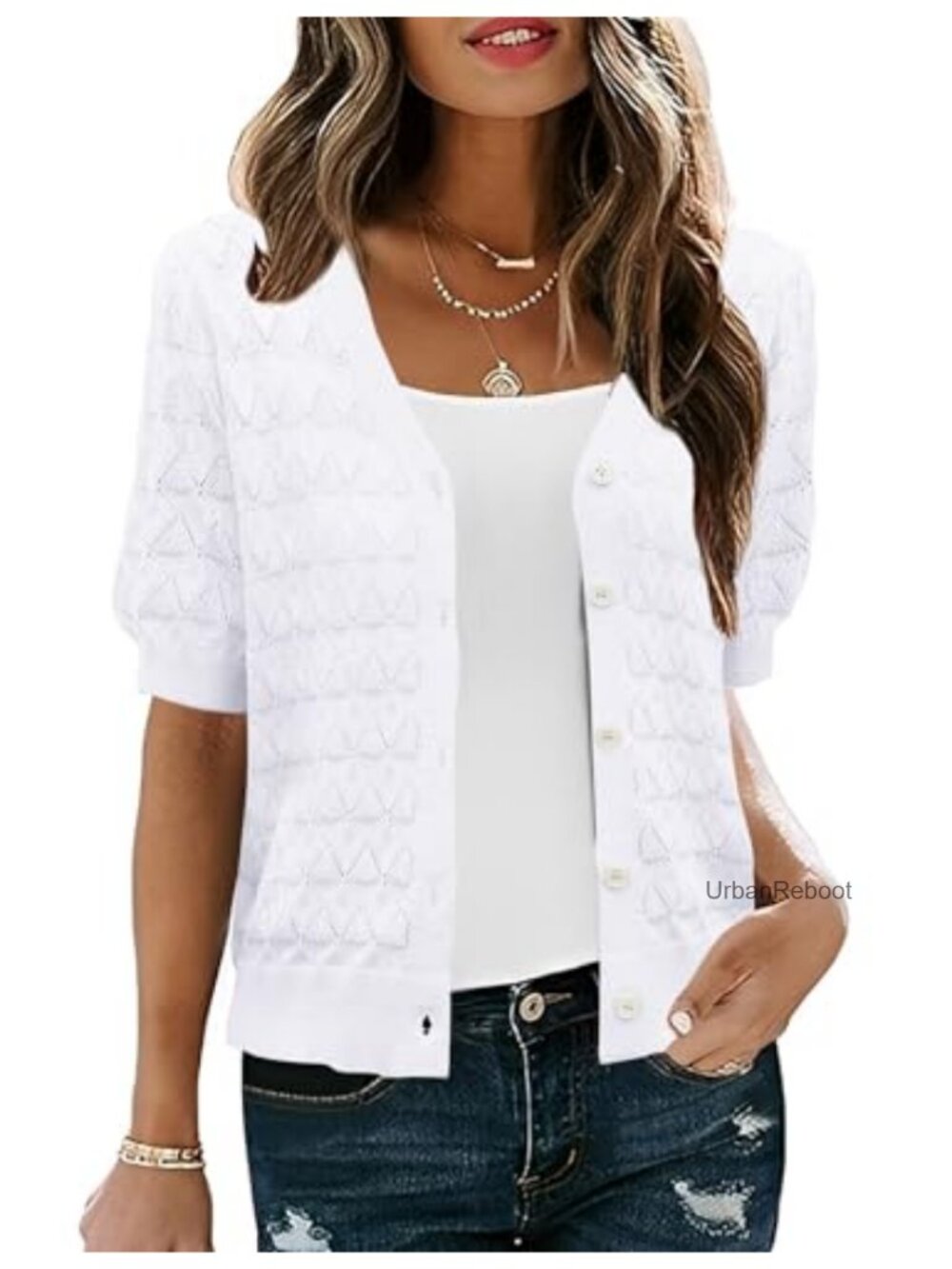 Women's Puff Short Sleeve Knit Cardigan Crochet Pattern Lightweight